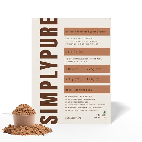 Image of SimplyPure Fermented Yeast Protein Powder - Cold Coffee | 288g (8 Sachets) | 25.5g Complete Protein | Muscle Recovery & Lean Muscle Support | Vegan Protein Powder for Gym, Fitness & Active Lifestyle | PDCAAS 1.0 | Easy to Digest with Probiotics & Enzymes