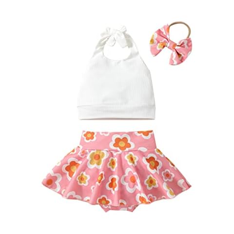 Madjtlqy Toddler Baby Girls Clothes Outfit Set Halterneck Backless Vest Tops + Flower Print Shorts + Headband (White, 2-3 Years) Cover