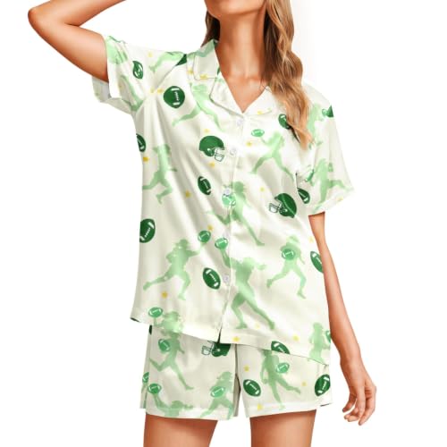 Image of Funny Pajamas for Women Set Print Satin Loungewear Pjs Short Sleeve Button Down Top and Shorts Sets Sleepwear XS-3XL