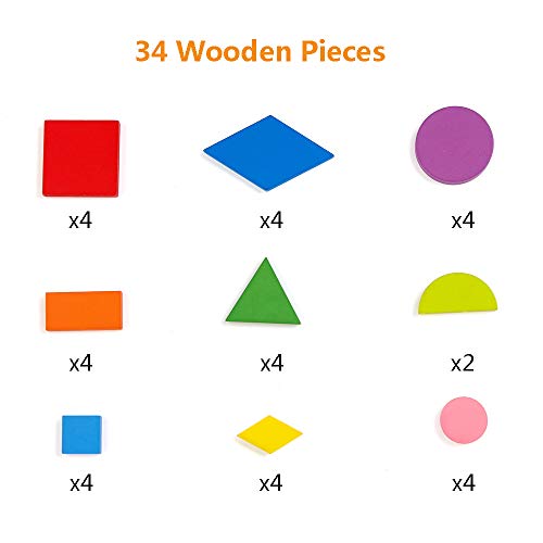 LiKee Wooden Pattern Blocks (34 Shape Pieces& 60 Cards)