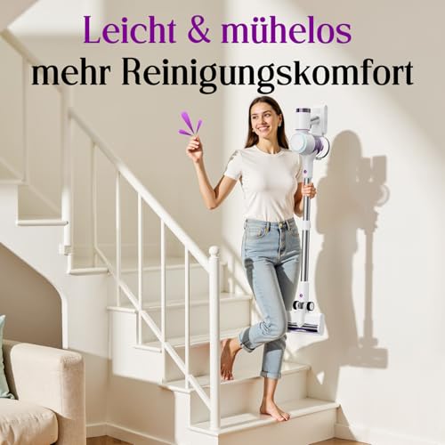 Akku Staubsauger 45000Pa, 60Min, nur 1,75 kg, 6-in-1 Staubsauger Kabellos mit Touchscreen, LED-Leuchten, Anti-Tangle-Bürste & Ladestation, 7-Schicht-Filtration für Tierhaare, Teppiche, Hartböden, Auto