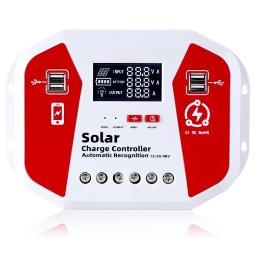 Regulator ładowania solarny 100 A, 12 V/24 V/48 V, z wyświetlaczem LED, 4 portami USB, regulator panelu słonecznego, inteligentny PWM, pełne 3-stopniowe zarządzanie ładowaniem do AGM/Lifepo4/NCM w