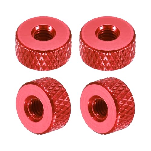 sourcing map 4 dadi zigrinati, M4 x 10 mm x 5 mm, femmina, in alluminio, con foro passante, dadi di regolazione per manopole di fissaggio, per parti di stampante 3D, macchine, fai da te, rosso vino