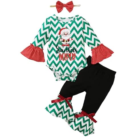 Singcoco Baby Girl Christmas Day Outfit Newborn Xmas Clothes Santa Claus Flare Pant Outfit Santa's Helper Bodysuit (Green, 0-3 Months) Cover