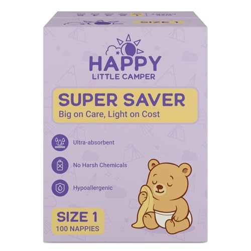 Happy Little Camper Super Saver Nappies, Size 1 (2-5kg) 100 Count | Budget-Friendly Disposable Baby Nappies for Sensitive Skin | Hypoallergenic, Fragrance-Free, Ultra Absorbent