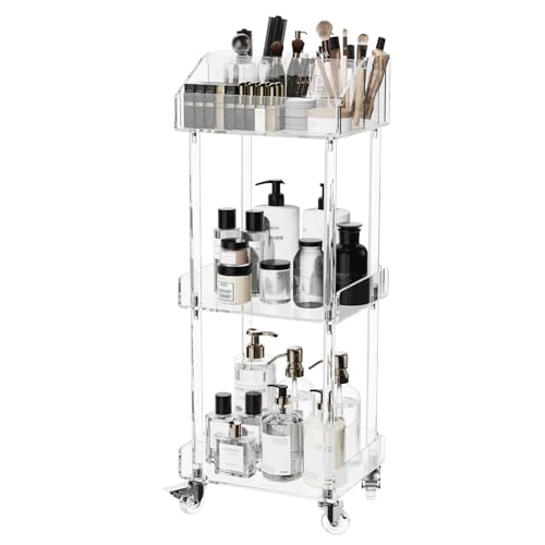 Aquiver Acrylic Makeup Organizer Storage Cart - 3 Tier Rolling Makeup Cart Vanity Organizer - Cosmetics Display Cases Holder for Skincare Cosmetics 11.8 L x 9.8 W x 31.7 H Clear