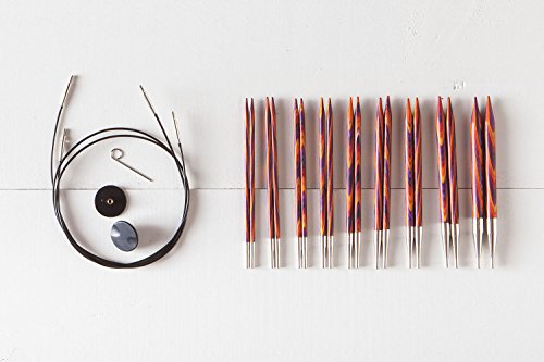 Image of Knit Picks Wood Interchangeable Knitting Needles Set - US 4-11 (Radiant) | 9 sizes of 4.75 inch long knitting needles in multicolor, includes cables, end caps, and connectors.
