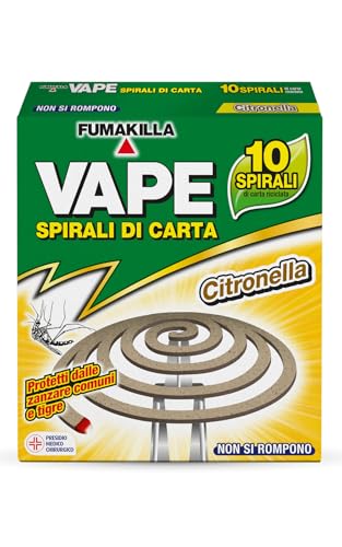 FUMAKILLA VAPE SPIRALI DI CARTA, Insetticida destinato all'uso domestico, contro zanzare, Diffusione per fumigazione tramite combustione, fatta con materiale riciclato, non si rompe, 10pz
