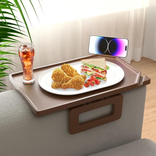 Smatdecis Couch-Armlehnentablett, Tisch, Sofa, Armlehnentablett, geeignet für Getränke zu Hause, Fast Food, Obst usw., großer Multifunktionstisch, Couch-Arm-Tisch, Braun (Dual-Handy-/Tablet-Halterung)