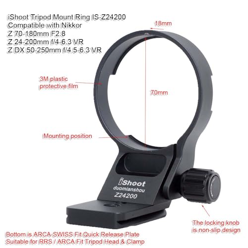 iShoot Lens Collar Tripod Mount Ring Compatible with Nikon Z 24-200mm f/4-6.3 VR, DX 50-250mm f/4.5-6.3 VR & Nikkor Z 70-180mm F2.8, Support Holder Bracket Bottom is Arca-Swiss Fit Quick Release Plate - Thumbnail 2