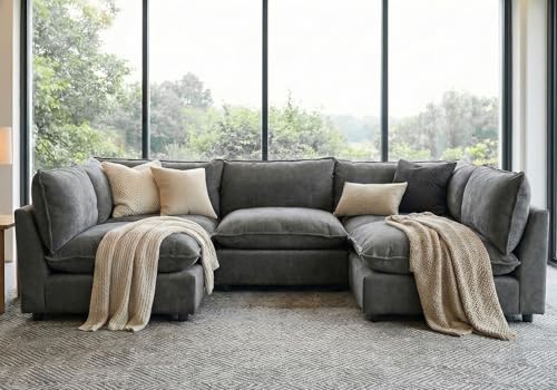 Iroomy Oversized Modular Sectional Sofa, ChenilleCloud Couch, Deep Comfy Seat, 5-Seater Sofas Couches for Living Room, Dark Grey