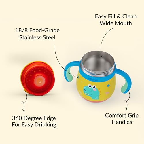 Image of rabitat Sip Around Personalized Stainless Steel Sipper 390ml | 2 Years Brand Warranty | Leak Proof | BPA Free | Sippy Cup for Kids with Soft Silicone Rim | Ergonomic Design, Dino Dash