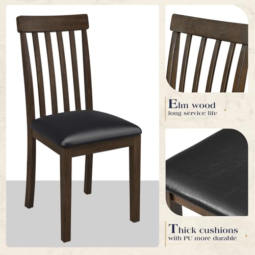 LUXOAK 7-Piece Solid Wood Dining Table Set, 71\" Faux Marble Kitchen Table with 6 Chairs, Curved Backrests & PU Cushioned Seats, Perfect for Dining Room & Living Room