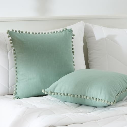 Image of 100% Cotton Pom Pom Cushion with Filler, Elegant & Modern Cushion Cover for Living Room, Square Shape, 20 inchx20 inch, uni slub, Set of 3 - Celadon Green