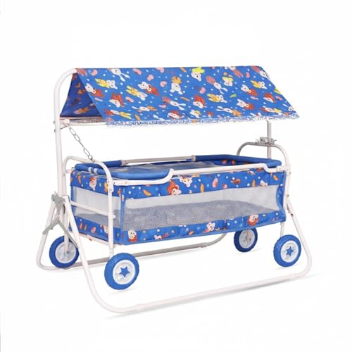 Image of BabyGo Baby Cradle with Swing, Mosquito Net & Canopy | 0-9 Months | Foldable 2-in-1 Rocking Cradle Cot with 4 Wheels & Brake | Soft Bed | Metal Frame | Blue Floral (Medium)