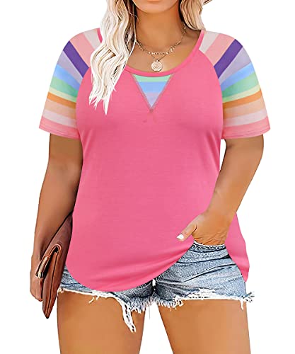 Ritera Plus Size Raglan Tops For Women Rainbow Color Block Stripe Tunic Oversized Colorful Print Summer Pride Month Pink Short Sleeve Crew Round Neck Henley Shirt 3X 22W 24W #TOP13
