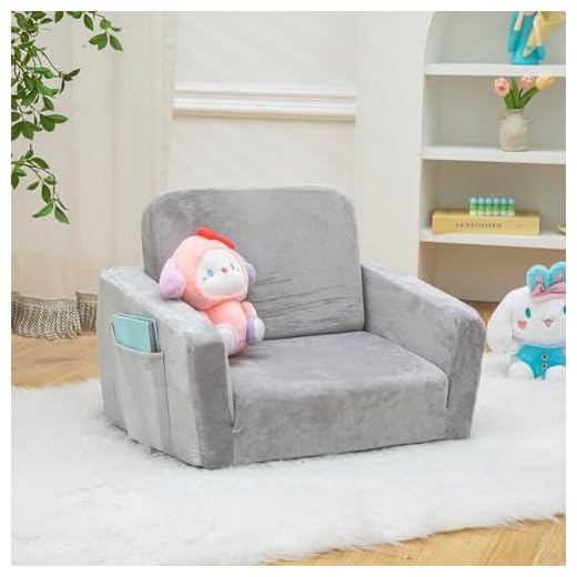 SUFUS Baby Toddler Sofa Couch for Kids Foldable 2-in-1 Toddler Fold Out Couch Bed for Playroom, Pull Out Children Convertible Sofa to Lounger Sleeper Chair for Boys & Girls with Double Pockets, Grey
