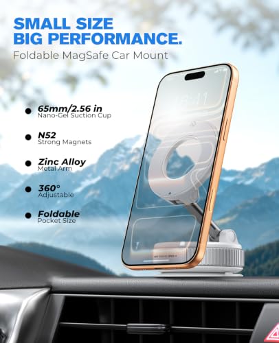 Image of Jononser Magnetic Car Phone Holder for MagSafe, Nano-Gel Suction Cup Phone Mount for Dashboard & Windshield, Pocket-Size Foldable 360 Adjustable Car Mount for iPhone 17 16 15 14 13 12 Series, White