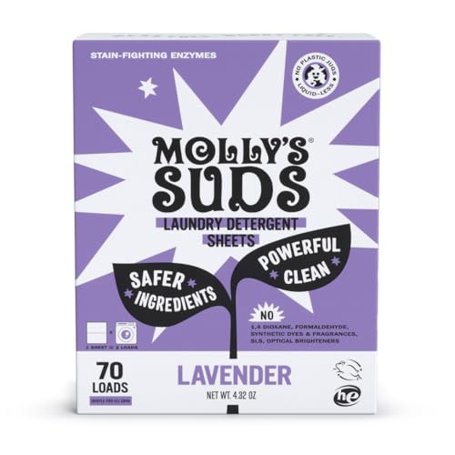 Image of Molly’s Suds Laundry Detergent Sheets | Gentle on Sensitive Skin, Powerful Bio-Based Enzymes, Stain-Fighting | Liquidless & Plastic-Free Packaging | 70 Loads (Lavender)