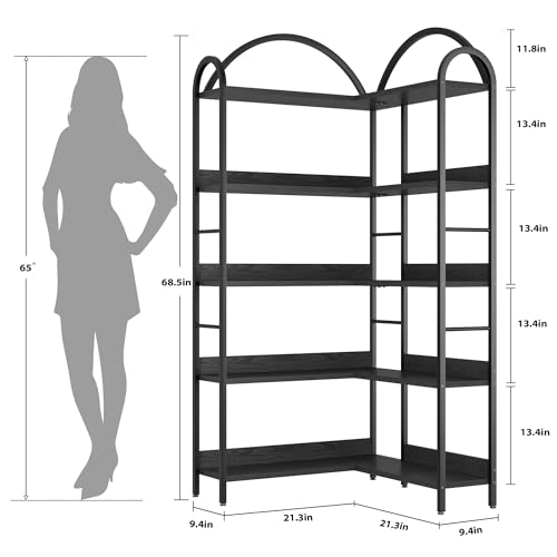 GarveeHome Arched Bookshelf Corner Bookcase, L Shaped Bookshelf Industrial Corner Bookshelf, Large Bookcase With Metal Frame, Corner Shelf Corner Display Rack for Living Room Bedroom