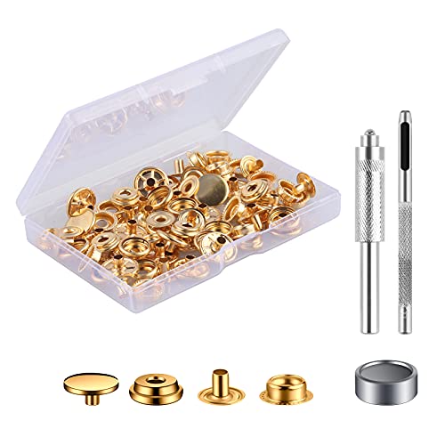 Juego de 10 juegos de cierre a presión, botones de presión con 3 piezas de herramientas de cierre a presión para bolsos, vaqueros, ropa, tela, artesanía de cuero (15 mm, dorado) Cover