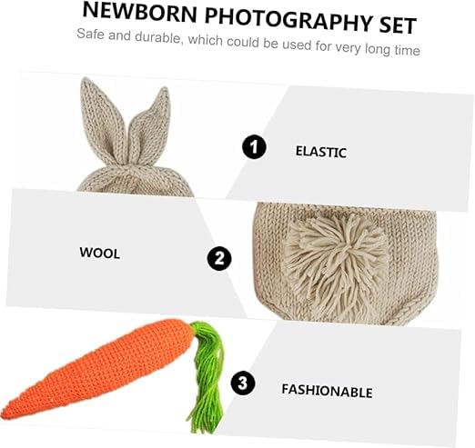 Image of BabyMoon Set of 3 | Baby Carrot Theme Rabbit Costume | Baby Photoshoot Props | Baby Gift Set | Short Hat & Carrot Toy | 0-3 Months