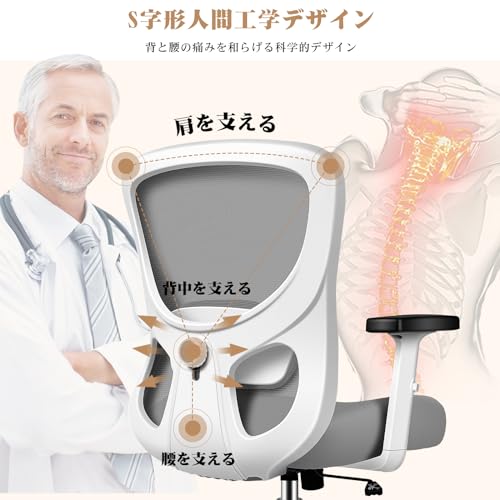 Razzor デスクチェア 人間工学 オフィスチェア 疲れない 勉強椅子 調節できるランバーサポート 腰に良い 360°回転 耐荷重優秀 家庭用 事務室用 RZ2088-Light Gray [3]