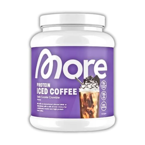 MORE Protein Iced Coffee Dark Cookie Crumble – Proteinpulver mit Molkenprotein, Instant-Kaffee & Cookie-Stückchen, 1x 300 g +Heartglobal Versandschutz