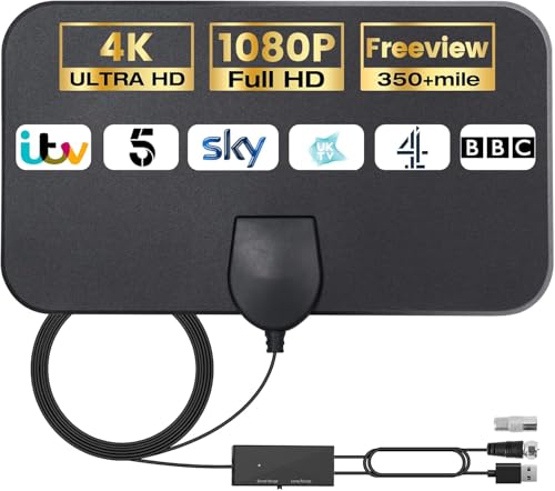 2025 Indoor TV Aerial - Digital Aerial with Booster 350+ Long Range Reception for Freeview TV Support 4K 1080P HDTV & 5M Coax Cable (Tablet)
