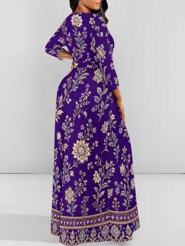 Image of Women Plus Size Long Sleeve V Neck Maxi Dress with Belt | Soft fabric relaxed fit three quarter sleeve v neck with pockets for party and daily wear