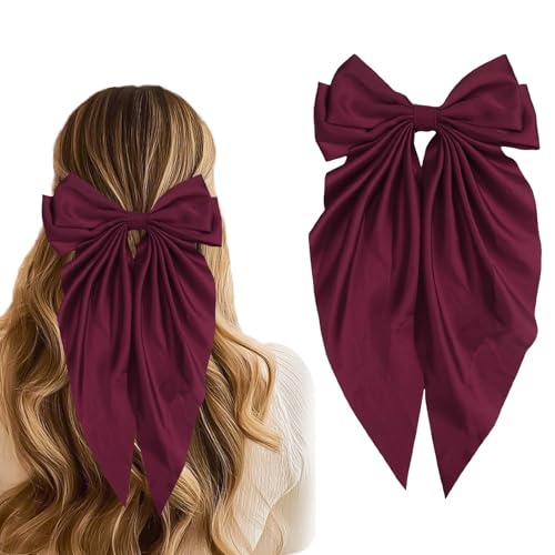 STGDAK Hair Bows Vintage Bow Clips Dark Red Ribbon Bows Barrettes Large Bowknot Clip Satin Bowknot French Barrette Long Tail Cute Bow Hair Accessories Easter Basket Stuffers Girls Women Gift