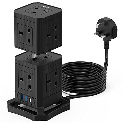 Tower Extension Lead with USB-C Slots,10 Way Multi Plug Extension (13A 3250W) with 1 USB-C (30W PD) and 2 USB Ports,Surge Protection Power Strip with 2M Long Cord,Detachable Charging Tower for Devices