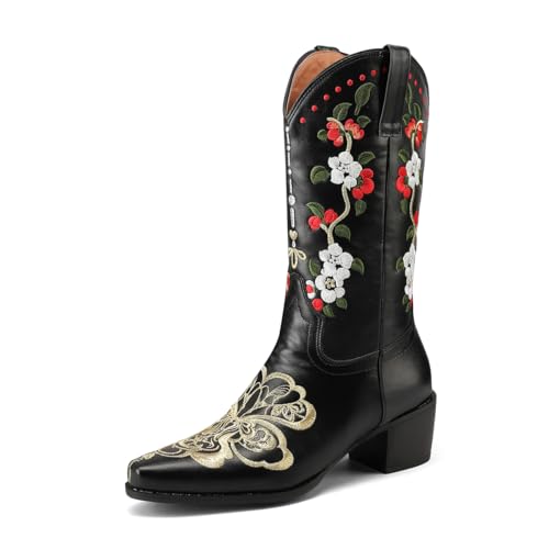 BAISOILIHA Donne Stivali da cowboy Mid Calf Stivali Cowgirl Appuntito tacco a blocco Embroidery Stitched Retrò Stivali Western per donne Le signore Ragazze nero Numero 34