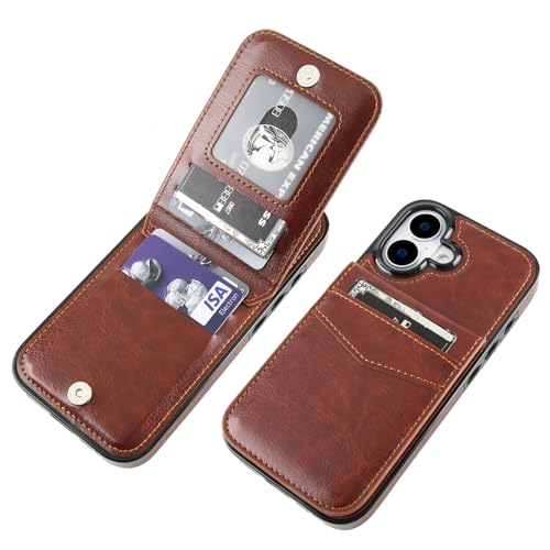 KIHUWEY Compatible with iPhone 17 Case Wallet with Credit Card Holder, Flip Premium Leather Magnetic Clasp Kickstand Heavy Duty Protective Cover for iPhone 17 6.3 Inch (Brown)