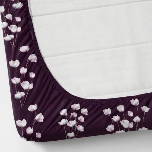 Image of Elastic Fitted King Size Bedsheet Cotton for Double Bed | 72 inchx78 inch +10 Inch, Floral, Soft & Breathable, Fade & Shrink Resistant, 2 Pillow Covers (Deep Plum)