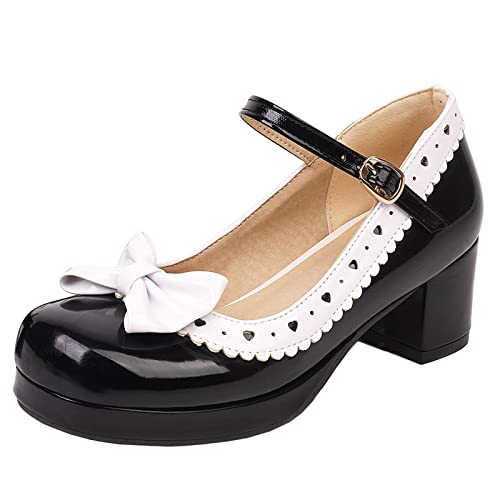Elbslutt Women's Sweet Vintage Rockabilly Shoes Chunky Patent Leather Mary Janes Platform Ankle Strap Block Heel Pumps Cute Cosplay Shoes with Bow