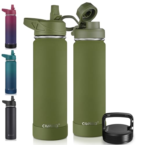 Image of CIVAGO 22 oz Insulated Water Bottle With Straw, Stainless Steel Sports Water Flask Cup with 3 Lids (Straw, Portable Spout and Handle Lid), Double Walled Travel Thermal Canteen Mug, Army Green