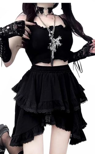 URAWESO Goth Flowy Skirts for Women Y2k Lace Trim Asymmetrical Black Cosplay Gothic Punk Skirt with Shorts