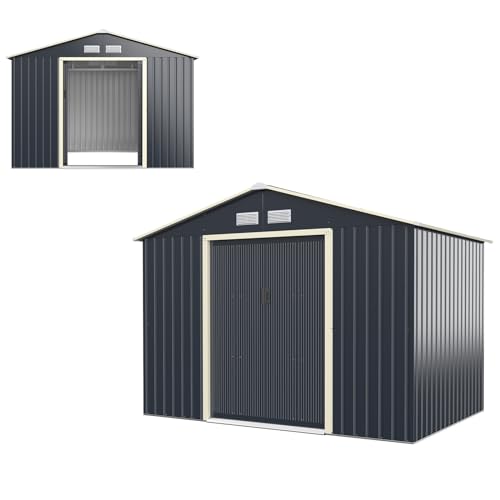 HOMASIS Abri de Jardin en Métal Avec Toit à Pignon, 4 Fenêtres d'Aération et 2 Portes Coulissantes