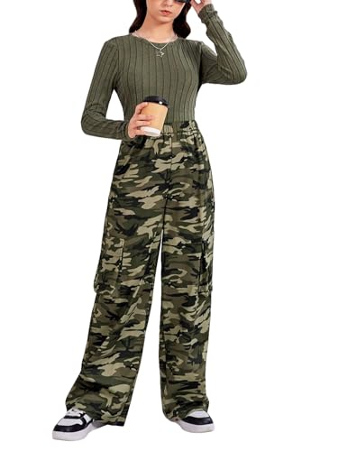 Image of Floerns Girl's Long Sleeve Tee Shirt with Camo Print Pants Set 2 Piece Outfit