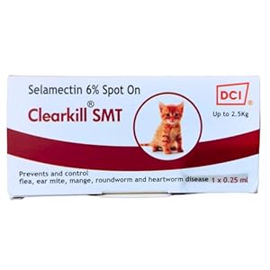 Clearkill SMT Selamectin 6% Flea Spot on 0.25 ml, Treatment of Ear mite, Mange, Roundworm and heartworm for Kittens & Cats up to 2.5 kg