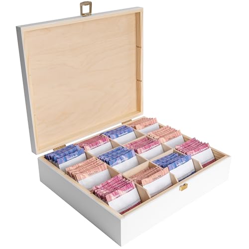 DIMENSIONI PERFETTE - Le scatole legno con dimensioni esterne di 29 x 25 x 7.5 cm (+/- 0,5 cm) sono ideali per conservare porta te o tisane in bustina, cialde caffe o altre bevande in foglia. Contenitore tisane legno da decorare per creare decoupage o come scatola regalo. Le dimensioni possono variare di ± 1 cm.