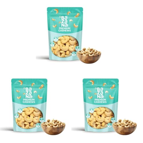 Image of Bazana Premium Cashews W320, Jumbo Whole Kaju, 500g, High Protein, Cholesterol Free, Trans Fat Free, Source of Dietary Fibre (Pack of 3)