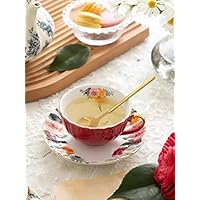 Porseleinen theekop met schotels en lepel, 2 sets van 8 oz bloemen koffiemok met gouden bies houder, koninklijke keramische theekopjesset, espresso latte mokken voor bruiloft, verjaardagsfeestje