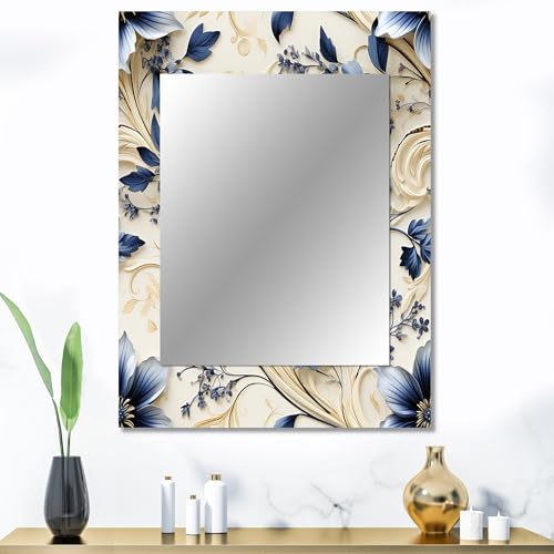 Victorian Brocade Rusticity Floral Wall Mirror, Printed Brown Wall Mirror, Traditional Bathroom Wall Mirror, Decorative Floral Mirror – 30×40 Inches
