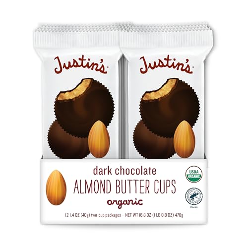 Justin's Organic Almond Butter Cups, Dark Chocolate, Rainforest Alliance Certified Cocoa, Gluten-free, Responsibly Sourced, 1.4 Ounce (Pack of 12)