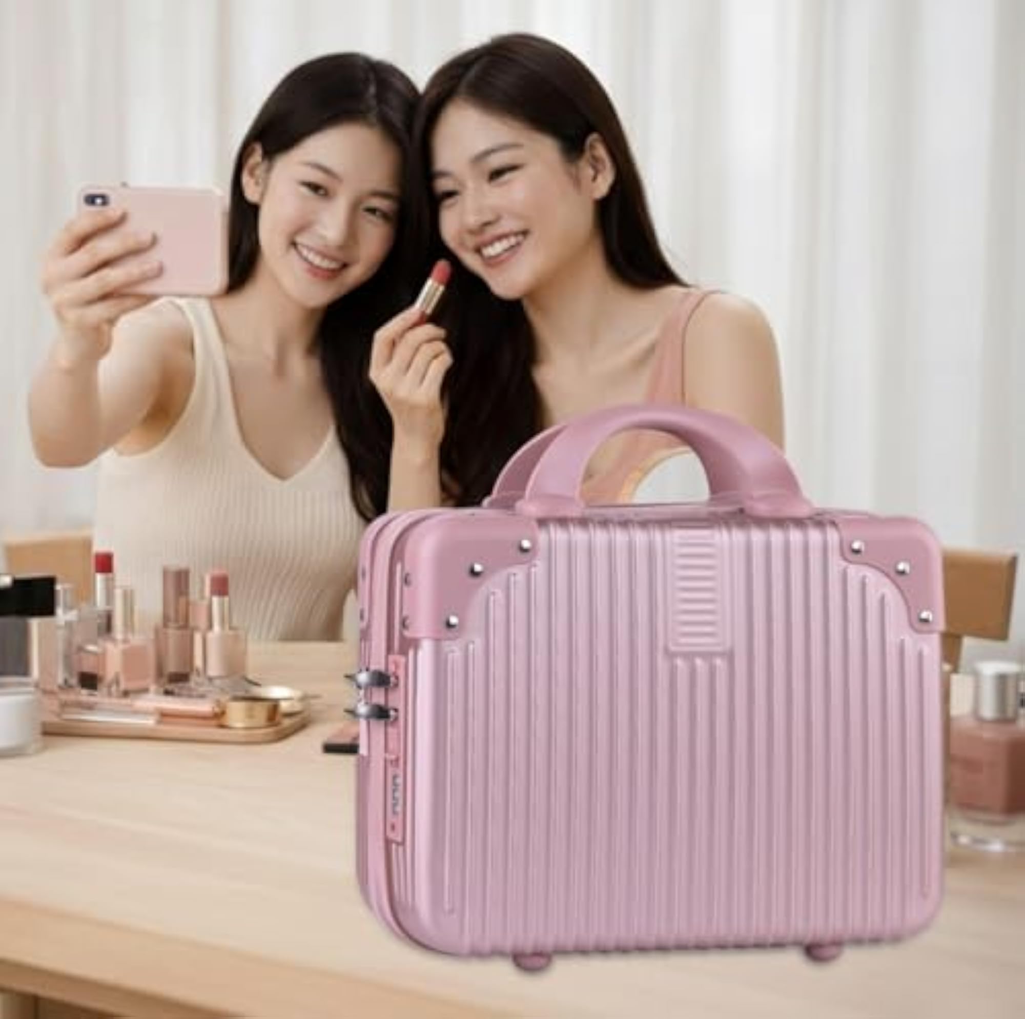 Mini Makeup Case, ABS Hard Shell TSA Lock Rose Gold