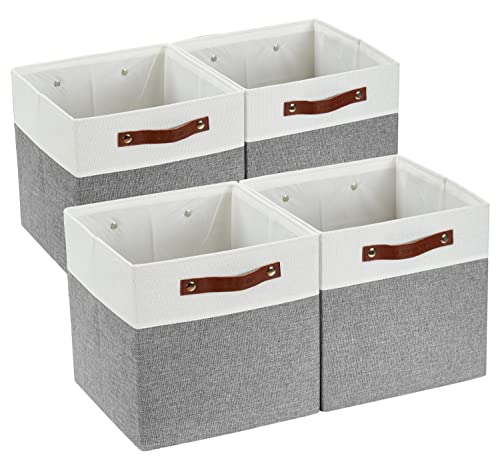 DECOMOMO 13 inch Cube Storage Bins, Collapsible Storage Cubes with Dual Handles for Clothes Toys Books Shelves Closet Bedroom Nursery (Grey and White, 4pcs)