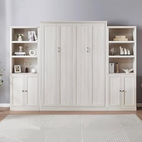 MERITLINE Queen Size Murphy Bed with Storage Bookcase Shelves,Cabinet and USB Port,Wood Queen White Murphy Wall Bed Folding Murphy Bed Cabinet Cover