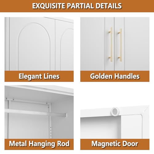 Polup Metal Wardrobe Closet with Drawer, 71\" Tall Armoire Wardrobe Closet with Hanging Rod, Freestanding Clothing Storage Cabinet with Doors, Large Wardrobes for Bedroom, White, Assembly Required